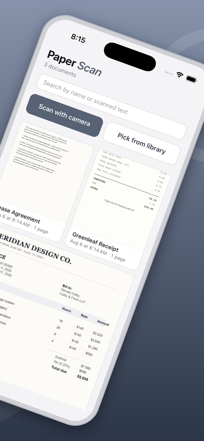 Paper Scan home screen showing scanned documents