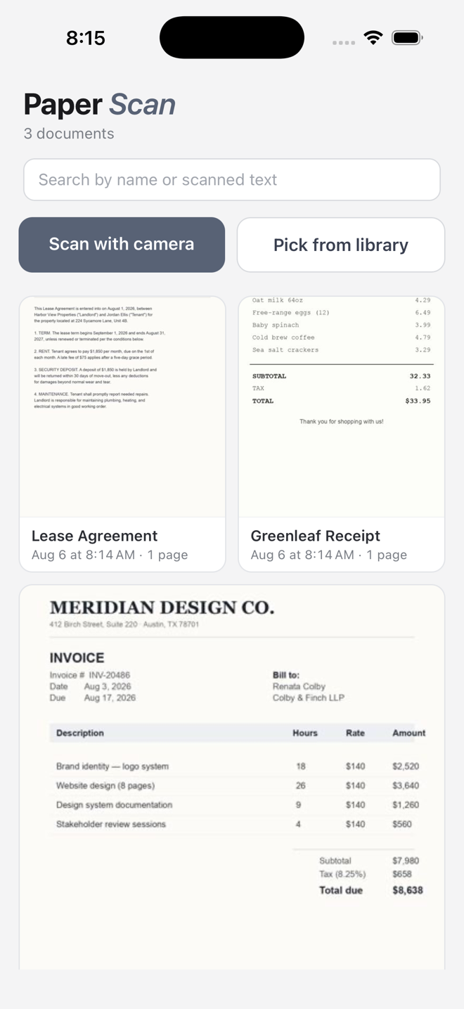Paper Scan home screen showing scanned documents